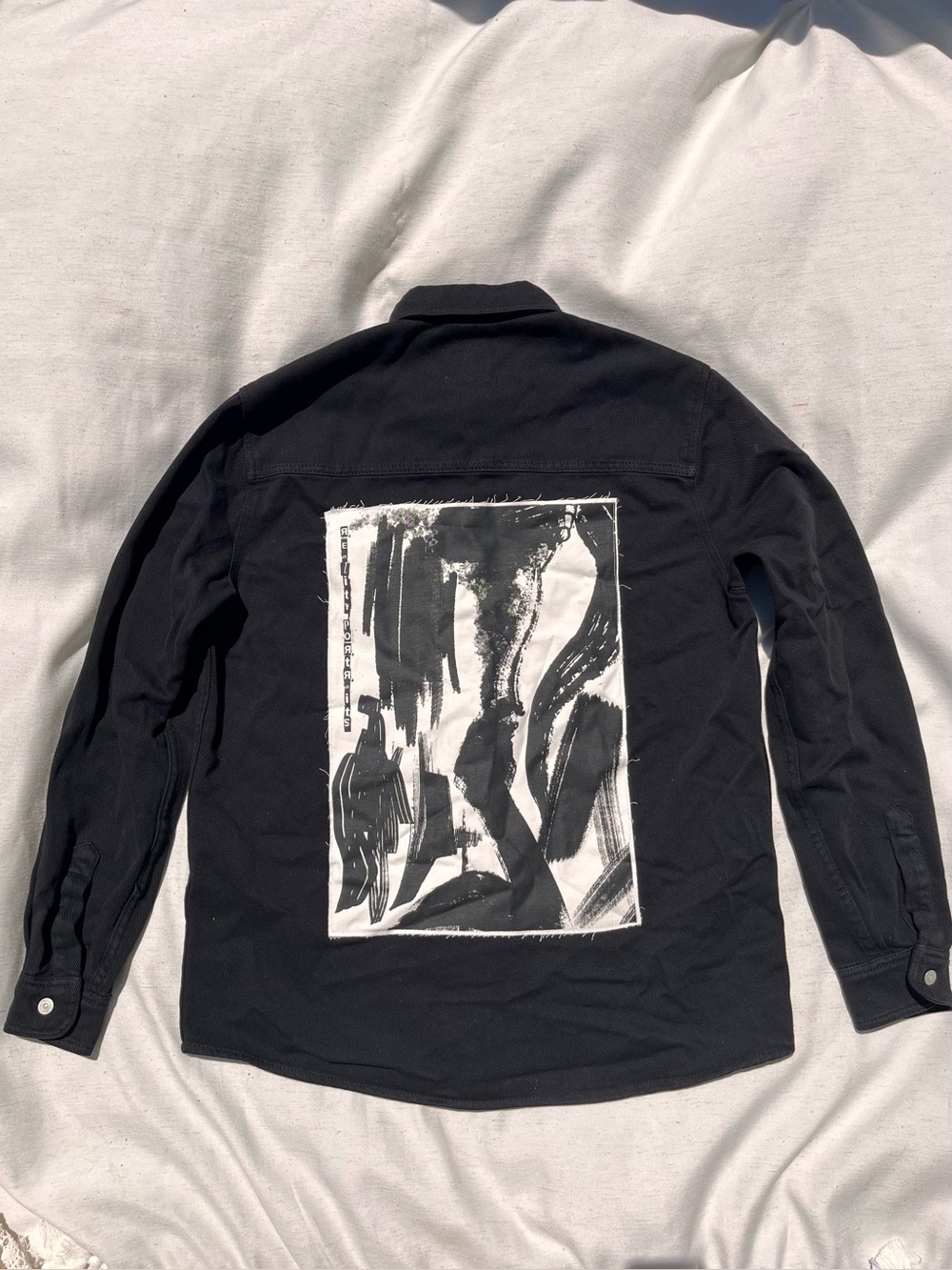 Zara Denim Art On Back Button Down Over-Shirt Relaxed Fit Black White Medium